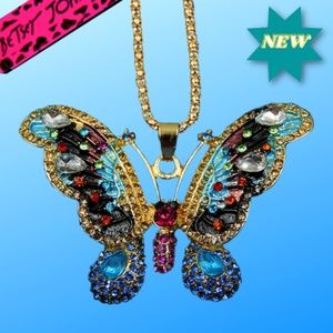 Multicolor Crystal Butterfly Pendant Chain Necklace - Teal Rose Blue Purple